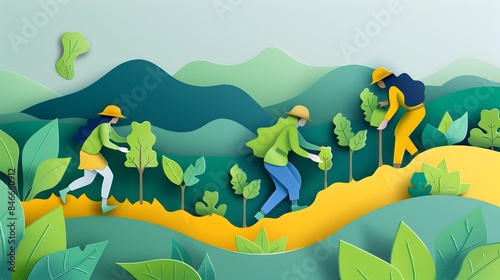Volunteers Planting Trees In Minimalist Paper Cut Nature Landscape © CYBERUSS