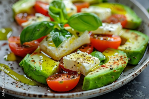 Avocado, tomatoes, feta cheese, and basil salad on a plate