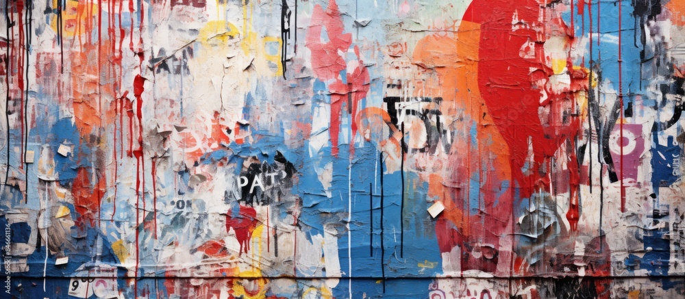 Abstract street art style pattern on torn urban advertising wall posters creates a visually striking background for a copy space image. Abstract street art style pattern on torn urban advertising wall posters creates a visually striking background for a copy space image.