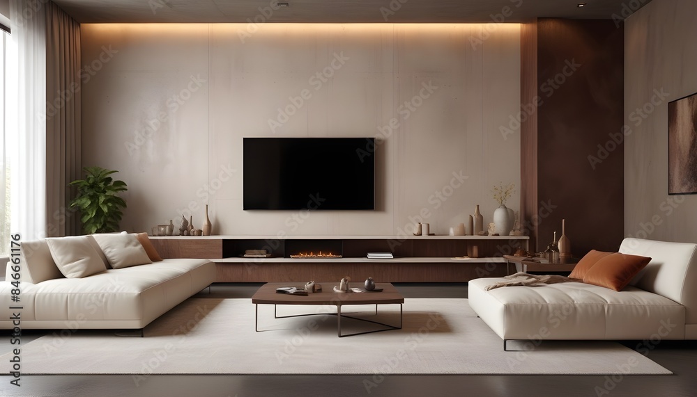 High end modern living room with white leather couch and a large flat screen tv mounted on the wall, brutalist architecture mixed with modern futuristic minimal design High end modern living room with white leather couch and a large flat screen tv mounted on the wall, brutalist architecture mixed with modern futuristic minimal design
