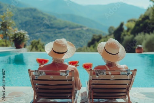 Enjoying their vacation, a beautiful elderly couple sits by the pool in lounge chairs, sharing a romantic moment while eating watermelon