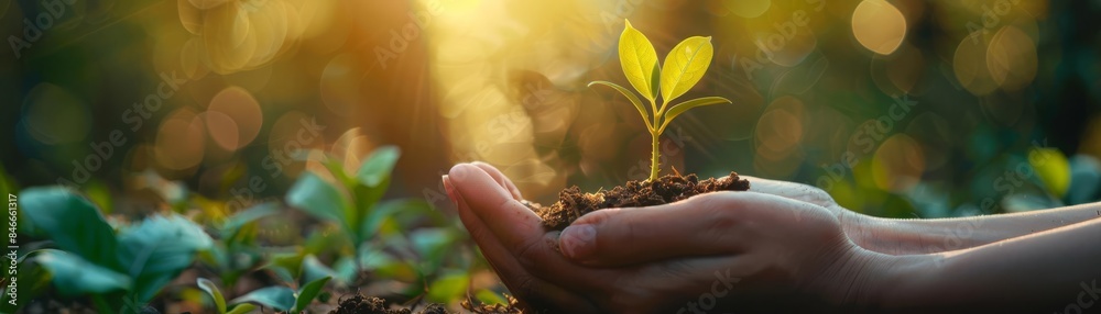 Fototapeta premium Closeup of hands nurturing a young tree seedling, representing environmental care and sustainability, blurred forest background, warm lighting, high detail