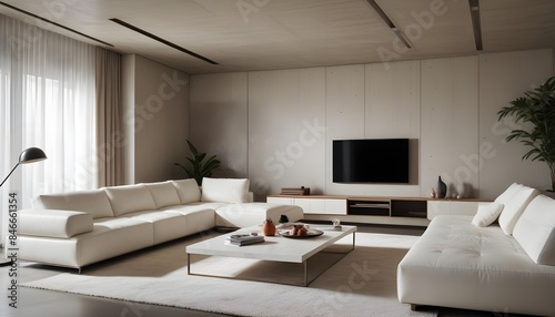 High end modern living room with white leather couch and a large flat screen tv mounted on the wall, brutalist architecture mixed with modern futuristic minimal design