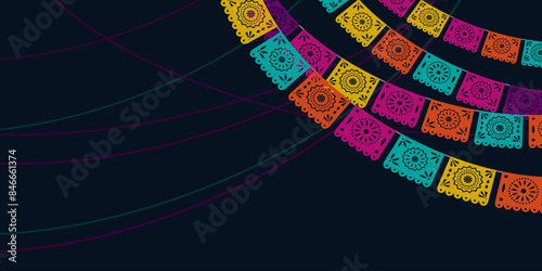 Hispanic heritage month. Vector web banner, poster, card for social media, networks. Greeting with national Hispanic heritage month text, Papel Picado pattern, perforated paper on black background.