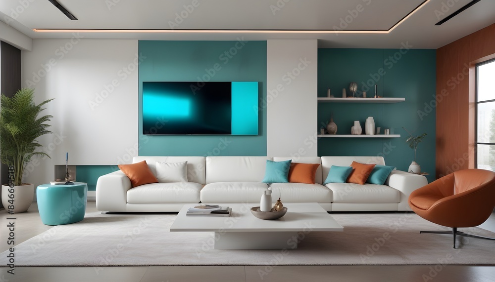 High end modern living room with white leather couch and a large flat screen tv mounted on the wall, brutalist architecture mixed with modern futuristic minimal design High end modern living room with white leather couch and a large flat screen tv mounted on the wall, brutalist architecture mixed with modern futuristic minimal design