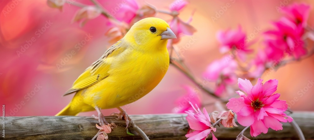 Yellow canaria canary bird perched in captivity with avian features on blurred background Yellow canaria canary bird perched in captivity with avian features on blurred background