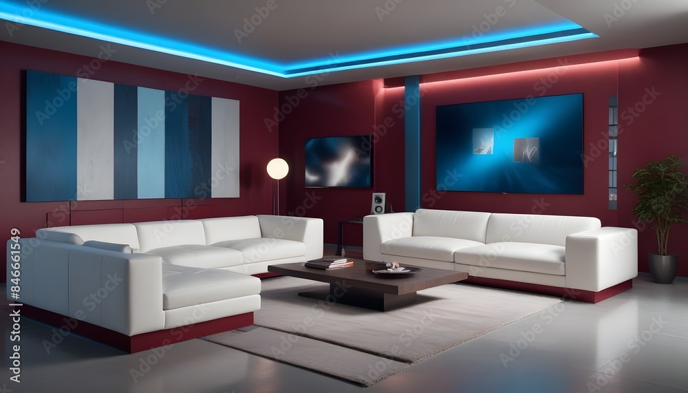 High end modern living room with white leather couch and a large flat screen tv mounted on the wall, brutalist architecture mixed with modern futuristic minimal design