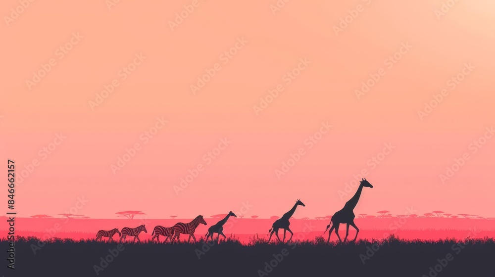 Silhouettes of giraffes and zebra walking across the savanna at sunset. Silhouettes of giraffes and zebra walking across the savanna at sunset.