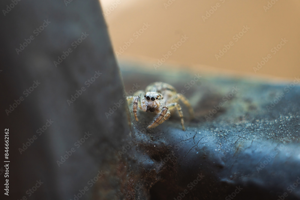 Obraz premium macro closeup on Hyllus semicupreus Jumping Spider. This spider is known to eat small insects like grasshoppers, flies, bees as well as other small spiders.