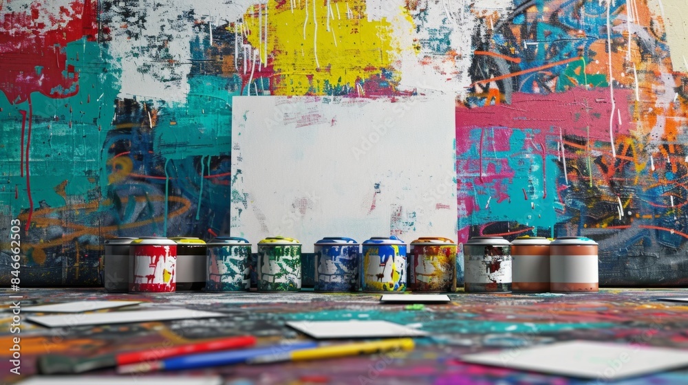 Fototapeta premium Vibrant Urban Muralist's Workshop Blank Business Cards Paint Cans and Street Art Canvas Creative Artist Studio Scene