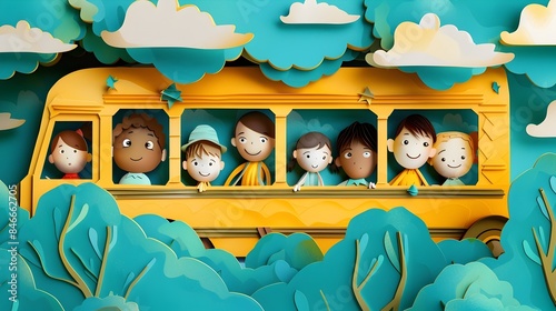Cheerful Paper Cut School Bus Adventure with Excited Children Looking Out the Window photo