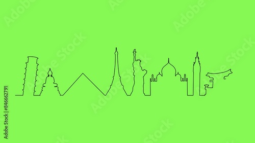 Iconic Landmarks, Tower of Pisa, Eifel Tower, Statue of Liberty, Big Ben, China, Thailand, England, France, India, Pyramids, 4K, line drawn black
