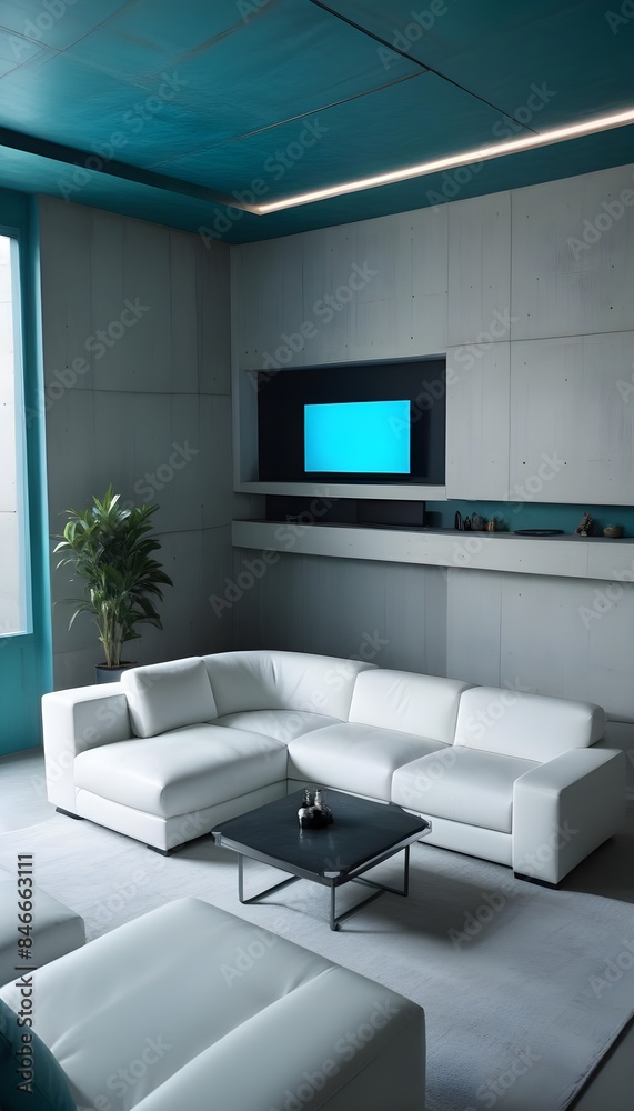 High end modern living room with white leather couch and a large flat screen tv mounted on the wall, brutalist architecture mixed with modern futuristic minimal design High end modern living room with white leather couch and a large flat screen tv mounted on the wall, brutalist architecture mixed with modern futuristic minimal design