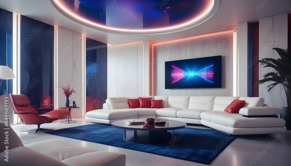 High end modern living room with white leather couch and a large flat screen tv mounted on the wall, brutalist architecture mixed with modern futuristic minimal design High end modern living room with white leather couch and a large flat screen tv mounted on the wall, brutalist architecture mixed with modern futuristic minimal design
