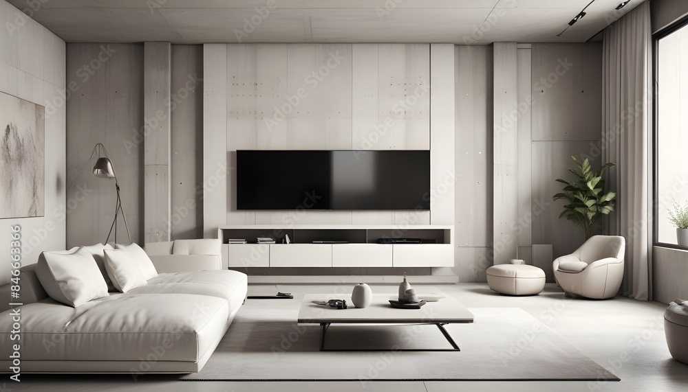 Fototapeta premium High end modern living room with white leather couch and a large flat screen tv mounted on the wall, brutalist architecture mixed with modern futuristic minimal design