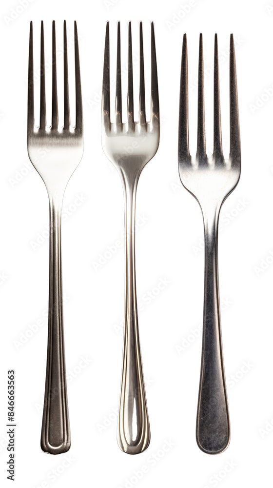 Fototapeta premium Three stainless steel forks arranged side-by-side, isolated on a white background. Perfect for kitchen, dining, or culinary themes.