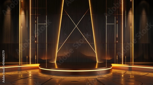 Golden podium. Empty stage show. Night club interior.Gold empty podium floating in the air in dark scene with wall of line vertical gold neon lamps around,Gold empty podium floating in the air