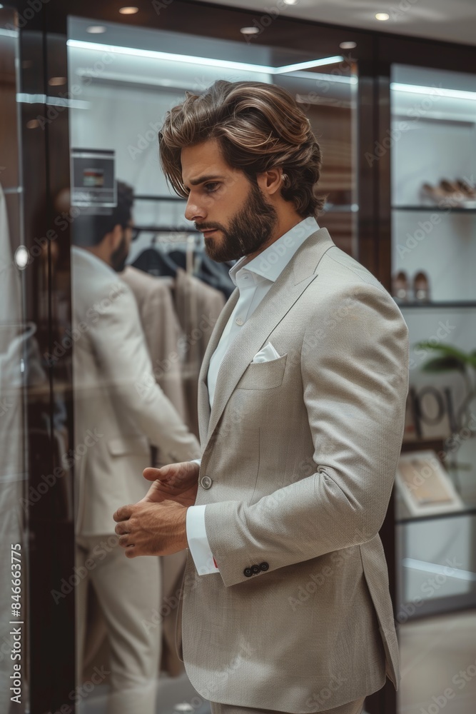 Elegant man browsing for business blazer and suit in upscale mall, shopping for new attire solo Elegant man browsing for business blazer and suit in upscale mall, shopping for new attire solo