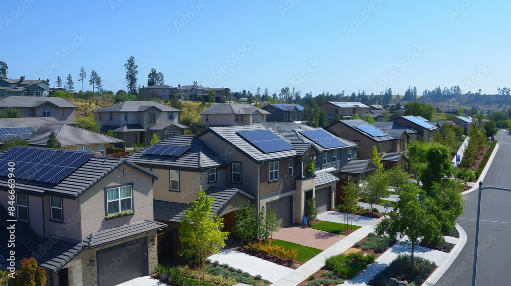 Many houses in a neighborhood are equipped with solar panels on their rooftops, showcasing widespread adoption of sustainable energy Many houses in a neighborhood are equipped with solar panels on their rooftops, showcasing widespread adoption of sustainable energy