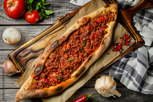 Turkish pide with minced lamb, tomatoes and bell peppers on a wooden table, top view photo