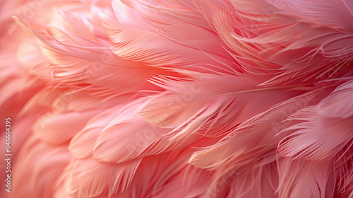 Fluffy twirled feathers on pink background, closeup, delicate texture © Oranuch