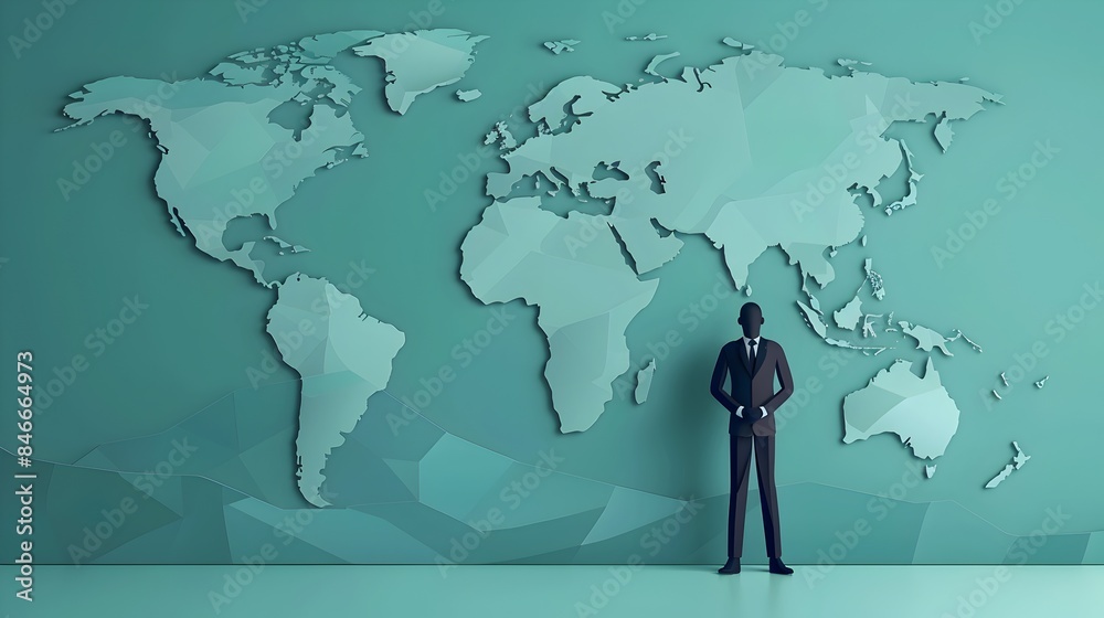 Confident Businessperson Standing Victoriously Before Global Papercut Map Confident Businessperson Standing Victoriously Before Global Papercut Map