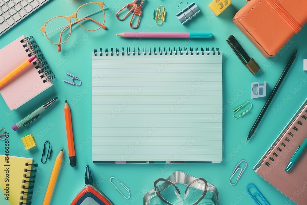 Notebook paper and colorful office supplies on teal, symbolizing a fresh start. Notebook paper and colorful office supplies on teal, symbolizing a fresh start.