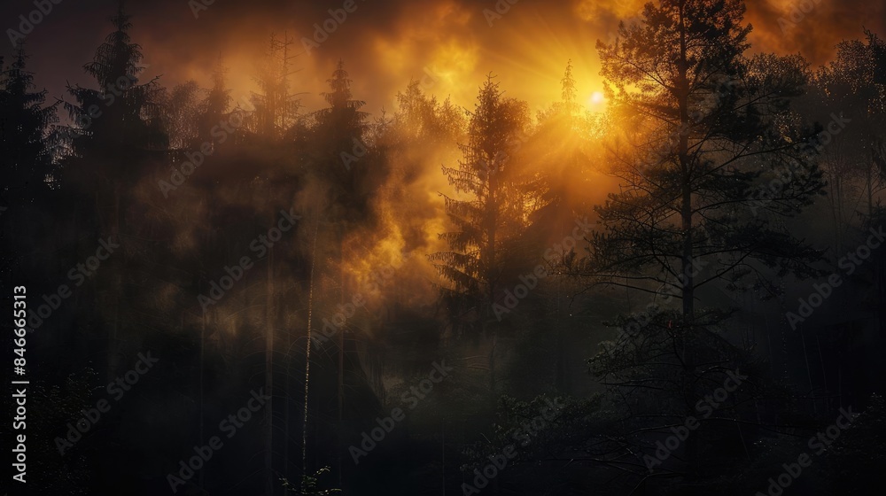 Naklejka premium A stunning view of a misty forest illuminated by the golden glow of the setting sun, creating an ethereal and enchanting atmosphere.