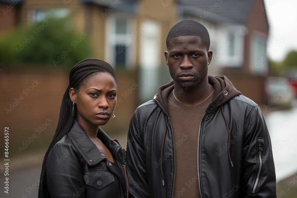 Portrait of a Unhappy Worried Sad Couple Standing on a Suburban Street with Overcast Sky, Highlighting Emotional Distress and Suburban Life Portrait of a Unhappy Worried Sad Couple Standing on a Suburban Street with Overcast Sky, Highlighting Emotional Distress and Suburban Life