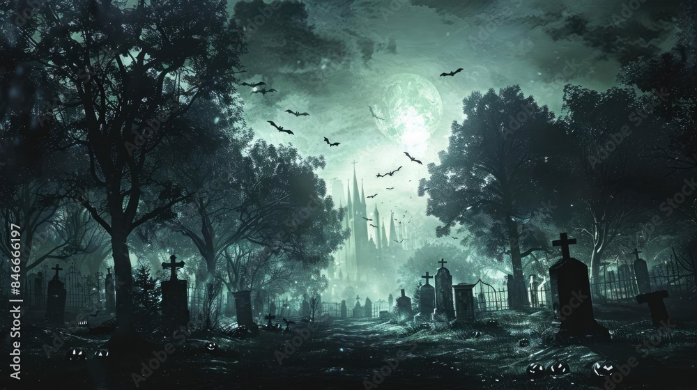 Eerie gothic cemetery at night with fog, bats, and a haunting atmosphere. Ideal for Halloween, horror themes, or spooky storytelling. Eerie gothic cemetery at night with fog, bats, and a haunting atmosphere. Ideal for Halloween, horror themes, or spooky storytelling.