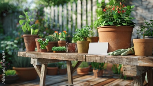 Serene Garden Workspace Blank Business Cards Gardening Gloves and Terracotta Pots on Potting Bench