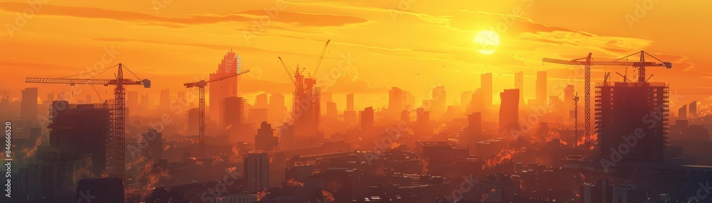 Construction cranes silhouetted against a golden sunset, towering over an urban skyline, symbolizing progress and growth in a bustling city Construction cranes silhouetted against a golden sunset, towering over an urban skyline, symbolizing progress and growth in a bustling city