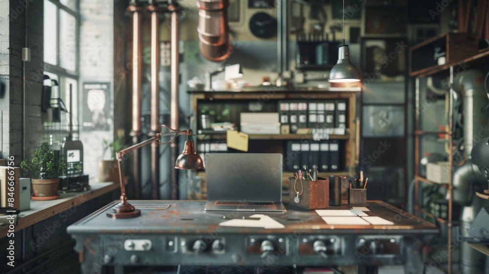 Modern Industrial Workspace with Stylish Business Cards on Metal Desk and Urban Decor Professional Office Interior Design Concept Modern Industrial Workspace with Stylish Business Cards on Metal Desk and Urban Decor Professional Office Interior Design Concept