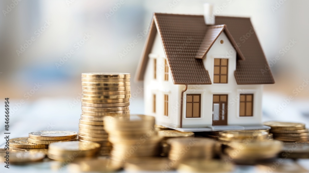 Stacks of gold coins next to a miniature house model, representing real estate investment and financial growth, with a blurred background