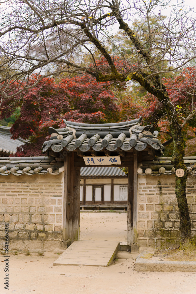a traditional Korean Hanok in Biwon , Secret Garden - Changdeokgung, Seoul. The scene is set in autumn, with vibrant foliage surrounding a stone wall and a wooden gate leading to the Hanok. a traditional Korean Hanok in Biwon , Secret Garden - Changdeokgung, Seoul. The scene is set in autumn, with vibrant foliage surrounding a stone wall and a wooden gate leading to the Hanok.