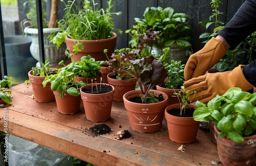Urban garden with potted vegetables and herbs