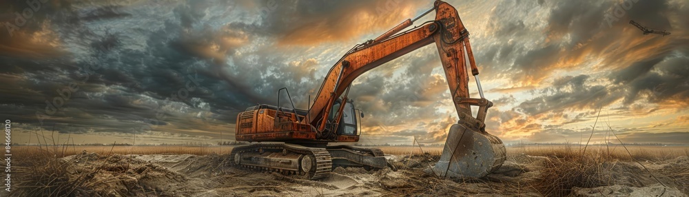 Construction scene featuring an excavator under a cloudy sky, capturing the rugged and industrious nature of building projects Construction scene featuring an excavator under a cloudy sky, capturing the rugged and industrious nature of building projects