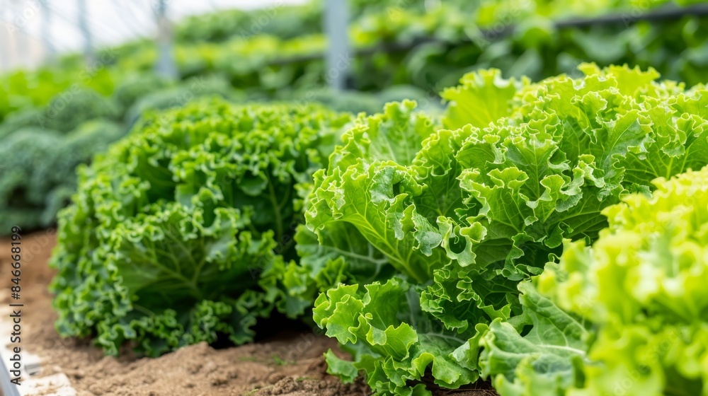 Sleek greenhouse with neat rows of vibrant green lettuce plants for optimal growth Sleek greenhouse with neat rows of vibrant green lettuce plants for optimal growth