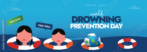 World Drowning prevention day. 25th July drowning prevention day awareness cover banner, social media post with four lifebuoy rings, a girl and a boy in them, earth globe on it. 