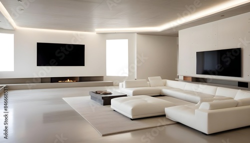 High end modern living room with white leather couch and a large flat screen tv mounted on the wall, brutalist architecture mixed with modern futuristic minimal design