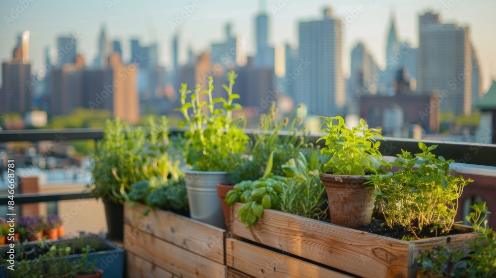 Fototapeta premium City Oasis Urban Rooftop Farm with Business Cards Herbs and Skyline Views