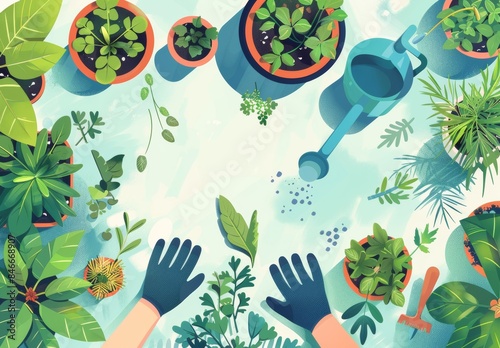 Top view of hands wearing gardening gloves planting herbs in pots