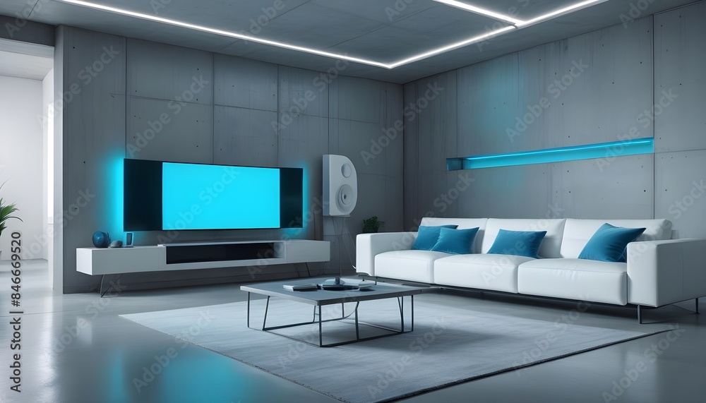 High end modern living room with white leather couch and a large flat screen tv mounted on the wall, brutalist architecture mixed with modern futuristic minimal design High end modern living room with white leather couch and a large flat screen tv mounted on the wall, brutalist architecture mixed with modern futuristic minimal design