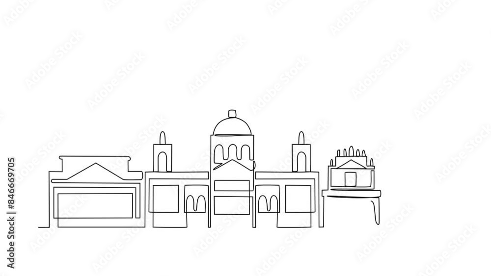 Animated self drawing of Torino skyline video illustration. Modern city in Europe in simple linear style video design concept. One of big city in Italy. Iconic architectural building design video.