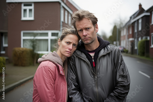 Portrait of a Unhappy Worried Sad Couple Standing on a Suburban Street with Overcast Sky, Highlighting Emotional Distress and Suburban Life
