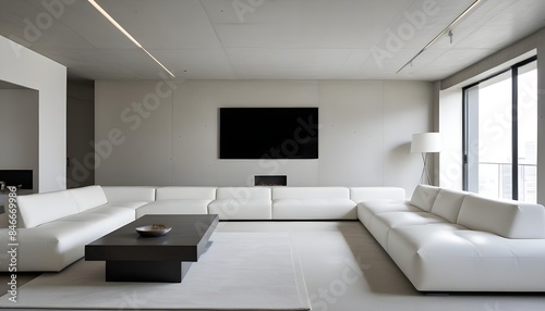 High end modern living room with white leather couch and a large flat screen tv mounted on the wall, brutalist architecture mixed with modern futuristic minimal design