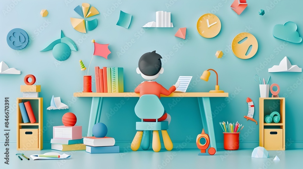 Minimal paper cut style of a child studying at a desk with educational toys and learning materials Minimal paper cut style of a child studying at a desk with educational toys and learning materials