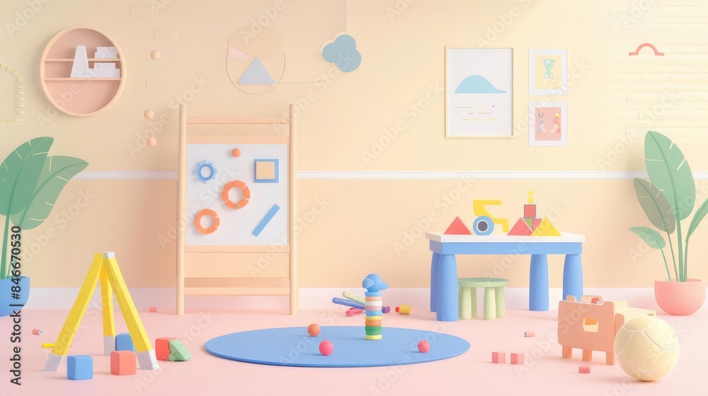 Minimalist, A playroom with a tidy-up routine chart, illustrating steps for cleaning up toys and putting them away, with space for text Minimalist, A playroom with a tidy-up routine chart, illustrating steps for cleaning up toys and putting them away, with space for text