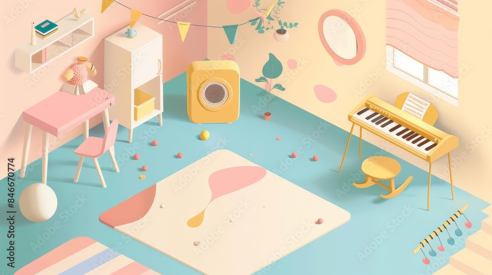 Isometric illustration of a music room with instruments and decorations. Isometric illustration of a music room with instruments and decorations.