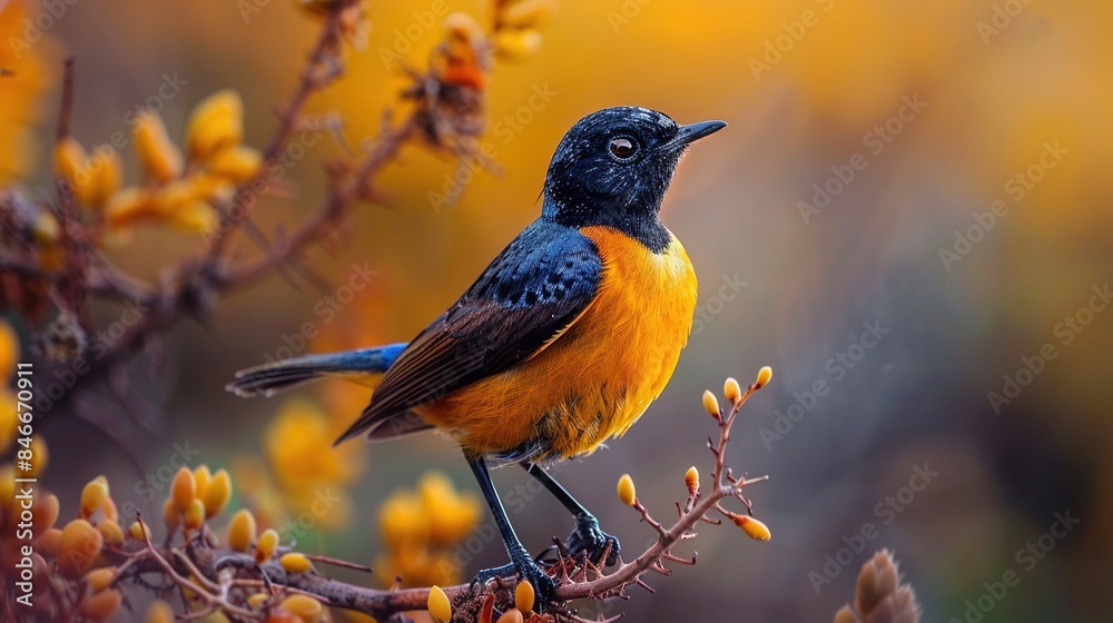 Fototapeta premium A bird is perched on a branch with orange and black feathers